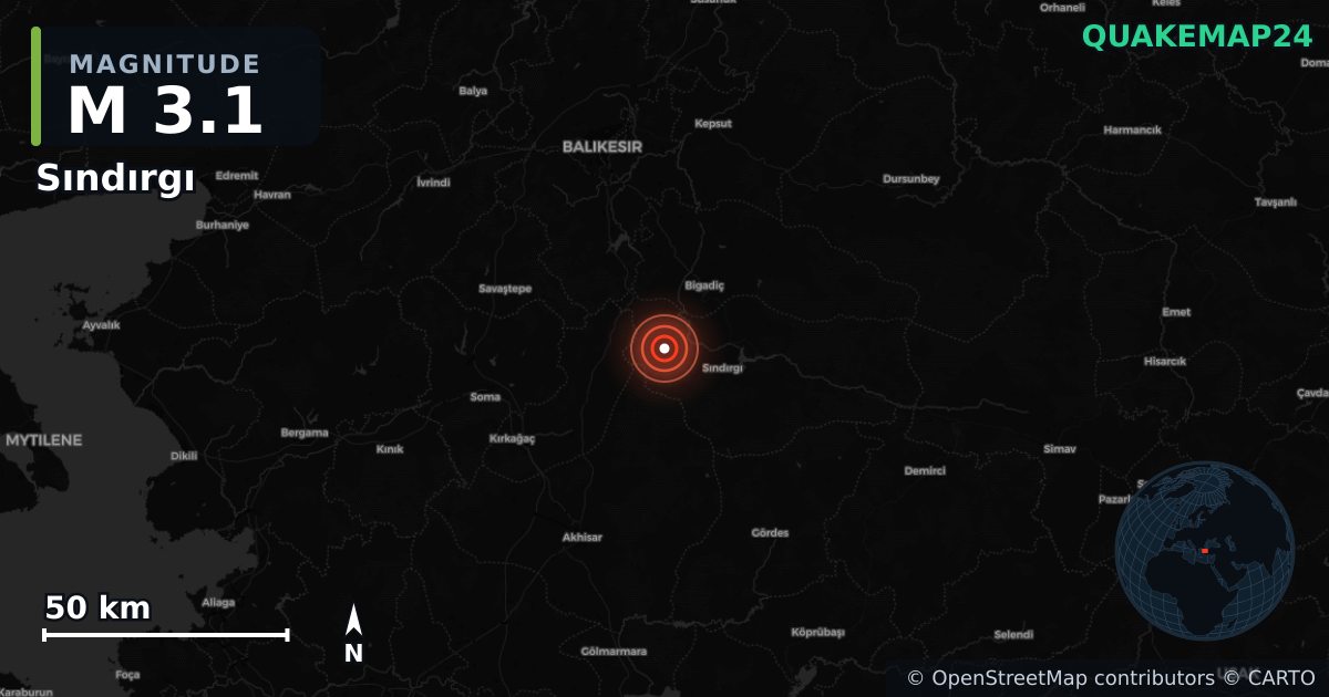 M3.1 earthquake near Sındırgı on Aug 10, 2025 — map of epicenter and shaking intensity | QuakeMap24