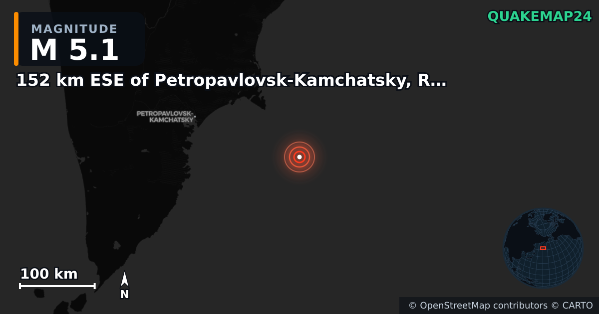 152 km ESE of Petropavlovsk-Kamchatsky, Russia yakınında M5,1 deprem — Deprem merkez üssünün konumunu gösteren harita