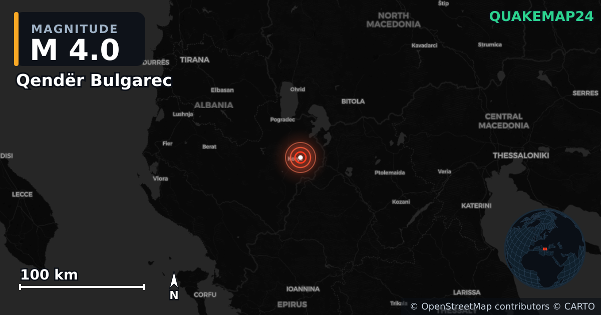 M4.0 earthquake near Qendër Bulgarec on Feb 4, 2026 — map of epicenter and shaking intensity | QuakeMap24