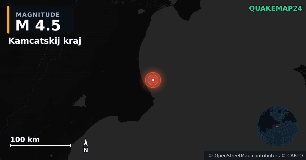 M4.5 earthquake near Kamcatskij kraj on Apr 13, 2026 — map of epicenter and shaking intensity | QuakeMap24