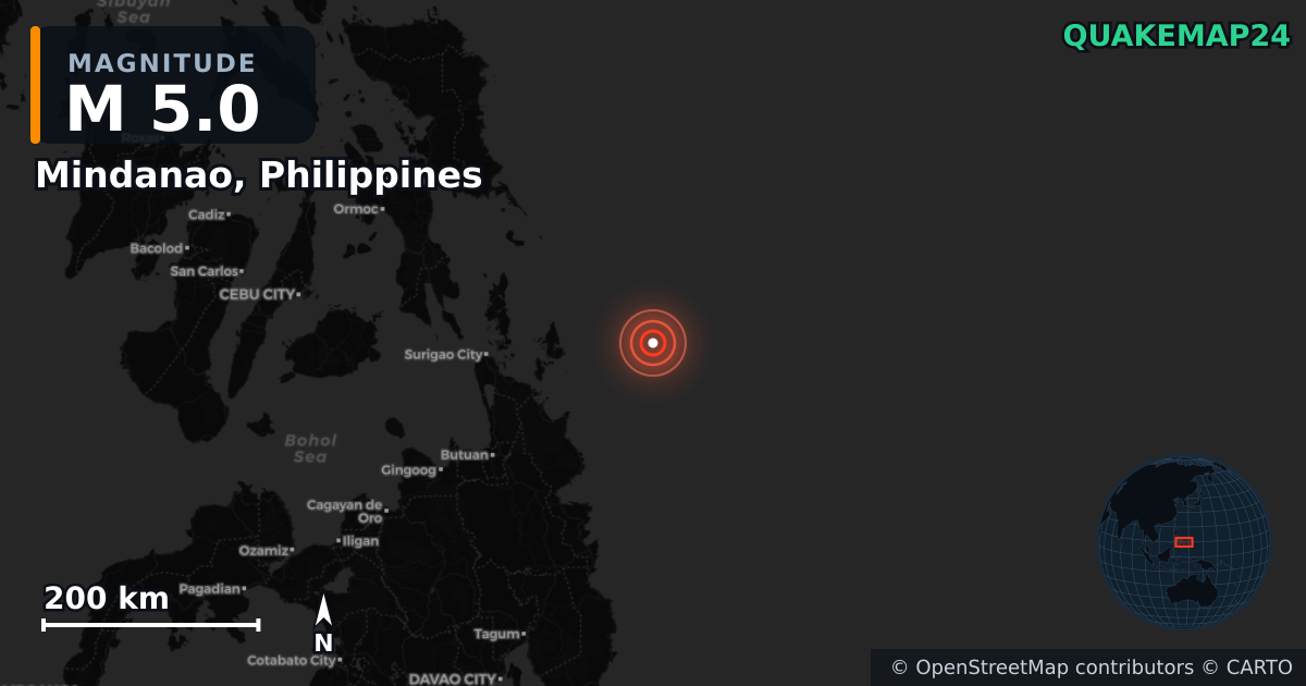 Erdbeben M5,0 bei Mindanao, Philippines — Karte der Lage des Epizentrums