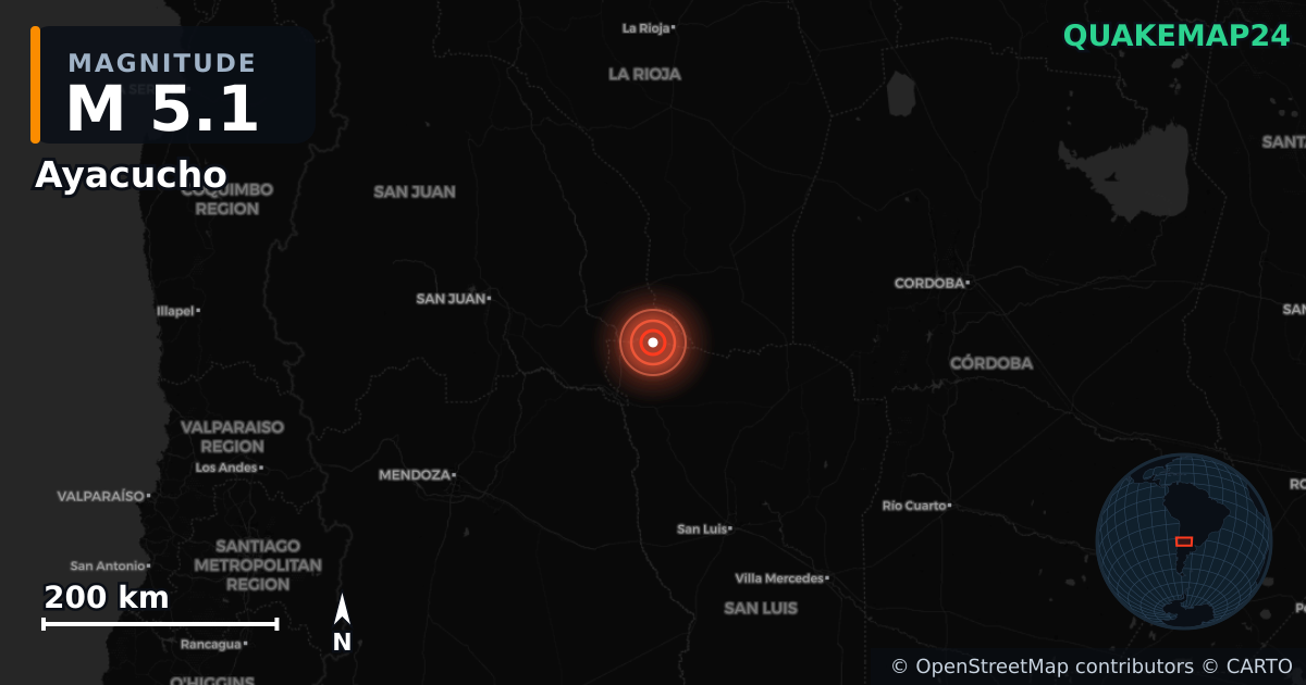 M5.1 earthquake near Ayacucho on Jun 5, 2026 — map of epicenter and shaking intensity | QuakeMap24