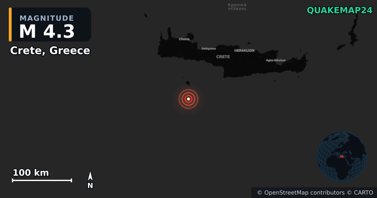 M4.3 earthquake near Crete, Greece on Jun 20, 2026 — map of epicenter and shaking intensity | QuakeMap24