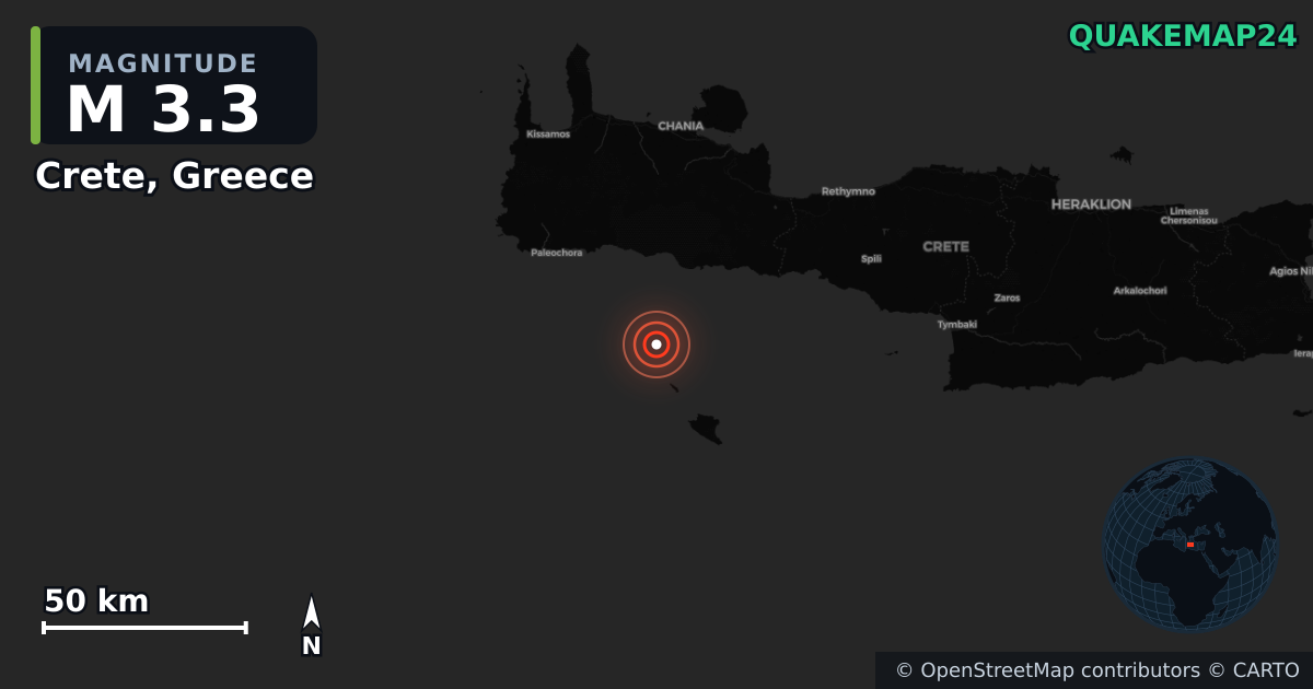M3.3 earthquake near Crete, Greece on Nov 28, 2025 — map of epicenter and shaking intensity | QuakeMap24