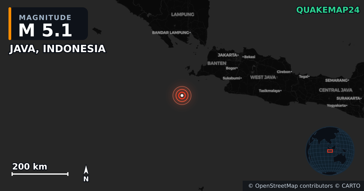 M5.1 earthquake near JAVA, INDONESIA on Mar 21, 2026 — map of epicenter and shaking intensity | QuakeMap24