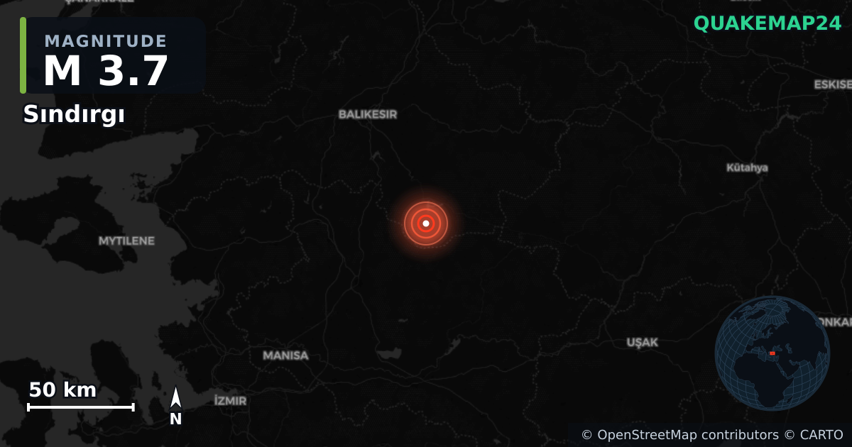 M3.7 earthquake near Sındırgı on Aug 19, 2025 — map of epicenter and shaking intensity | QuakeMap24