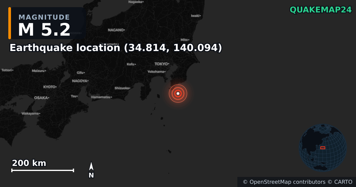 M5.2 earthquake near Deprem konumu (34.814, 140.094) on Apr 1, 2026 — map of epicenter and shaking intensity | QuakeMap24