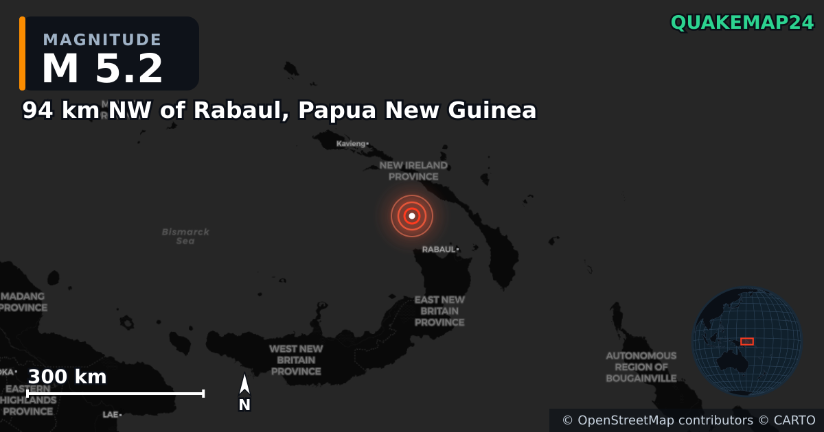M5.2 earthquake near 94 km NW of Rabaul, Papua New Guinea on Jan 21, 2025 — map of epicenter and shaking intensity | QuakeMap24