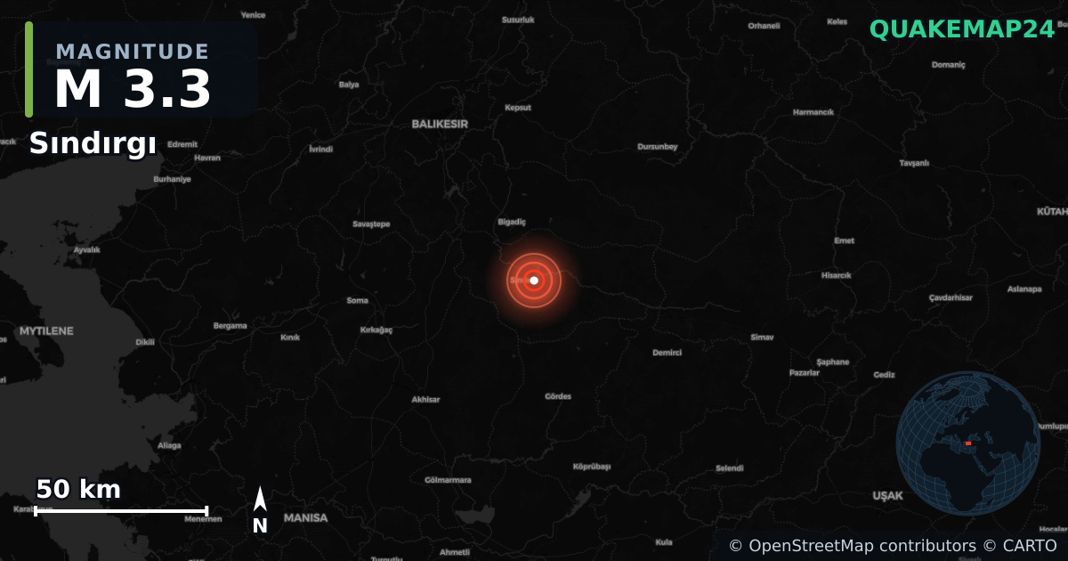 M3.3 earthquake near Sındırgı on Sep 1, 2025 — map of epicenter and shaking intensity | QuakeMap24