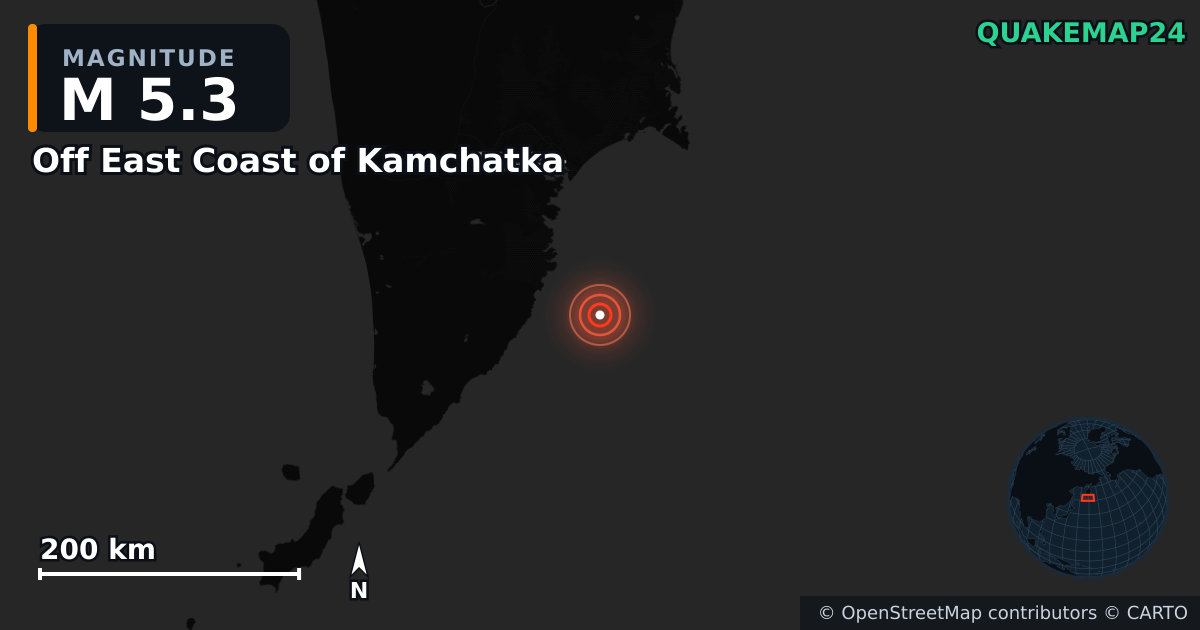 M5.3 earthquake near Off East Coast of Kamchatka on Sep 30, 2025 — map of epicenter and shaking intensity | QuakeMap24
