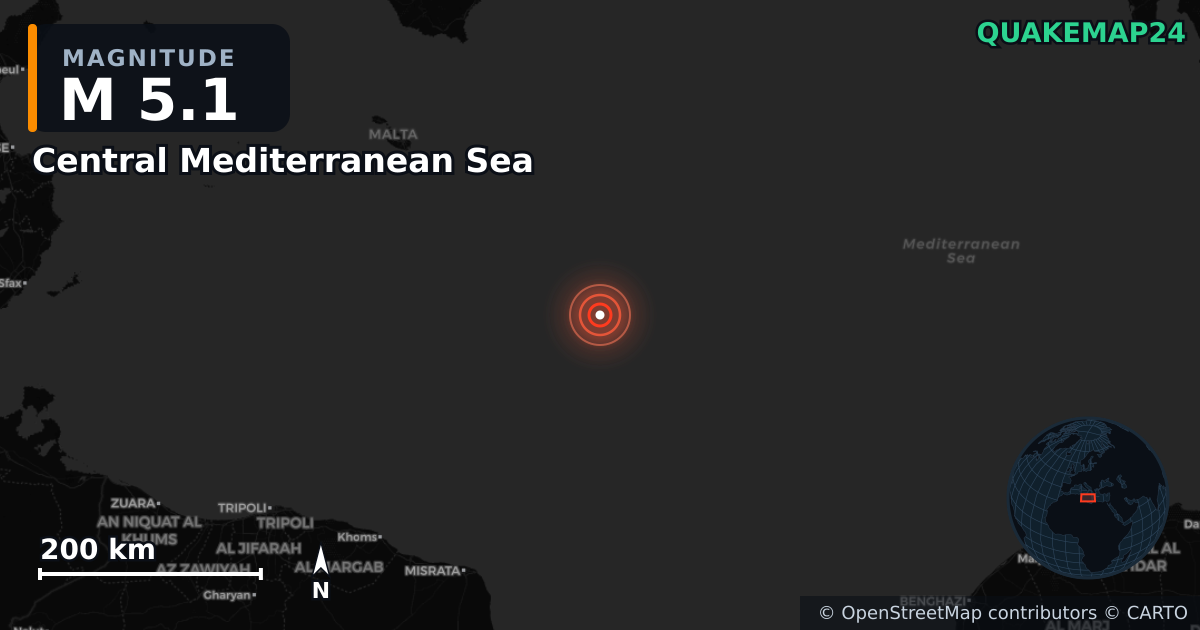 Central Mediterranean Sea yakınında M5,1 deprem — Deprem merkez üssünün konumunu gösteren harita