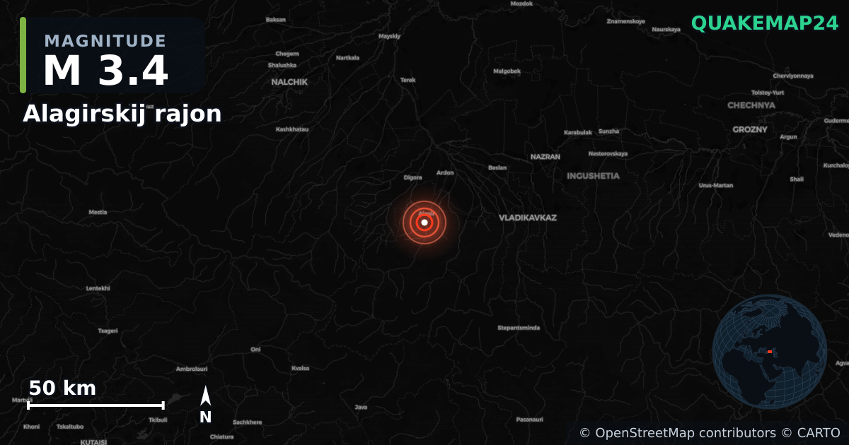 M3.4 earthquake near Alagirskij rajon on Jan 12, 2026 — map of epicenter and shaking intensity | QuakeMap24