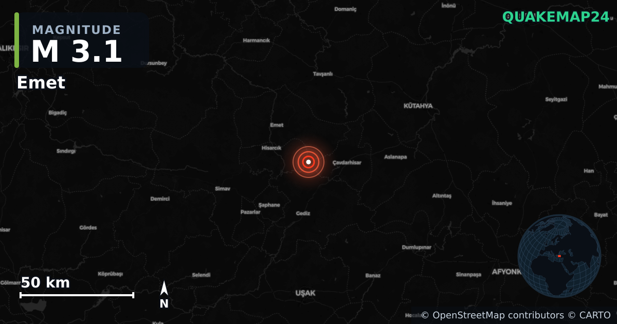 M3.1 earthquake near Emet on Oct 4, 2025 — map of epicenter and shaking intensity | QuakeMap24