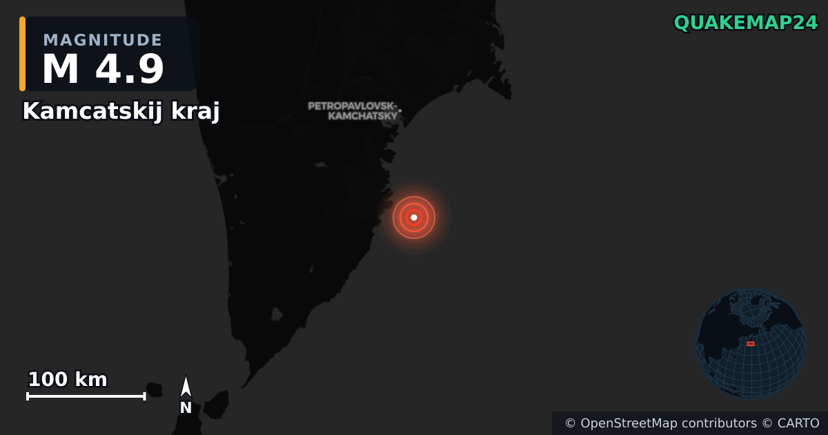 M4.9 earthquake near Kamcatskij kraj on Aug 2, 2025 — map of epicenter and shaking intensity | QuakeMap24