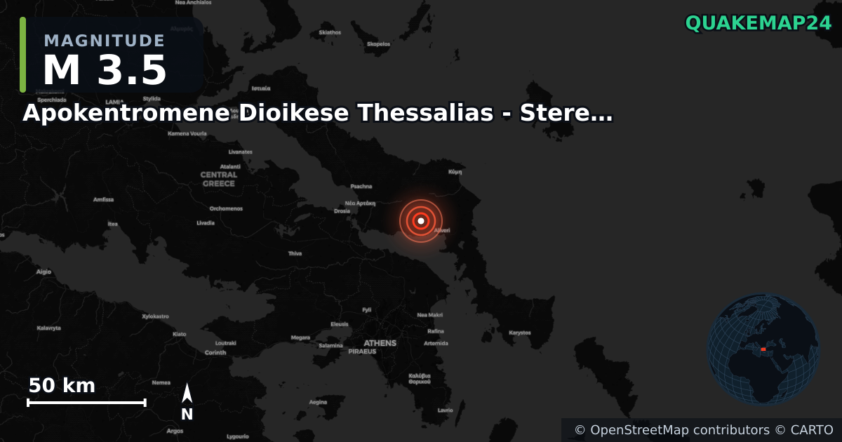 M3.5 earthquake near Apokentromene Dioikese Thessalias - Stereas Ellados on Aug 6, 2025 — map of epicenter and shaking intensity | QuakeMap24