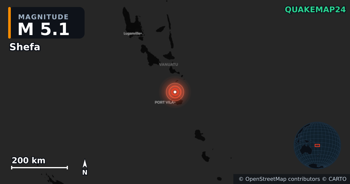 M5.1 earthquake near Shefa on May 3, 2025 — map of epicenter and shaking intensity | QuakeMap24