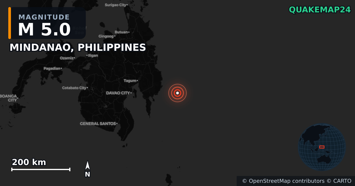 Sismo de M5,0 perto de MINDANAO, PHILIPPINES — Mapa da localização do epicentro