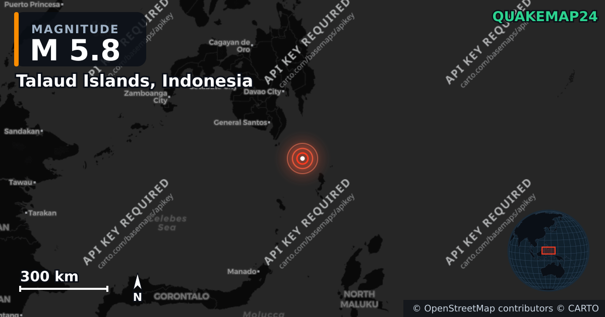 M5.8 earthquake near Talaud Islands, Indonesia on Apr 4, 2026 — map of epicenter and shaking intensity | QuakeMap24