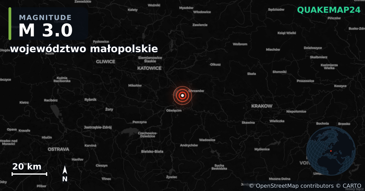 M3.0 earthquake near województwo małopolskie on Dec 9, 2025 — map of epicenter and shaking intensity | QuakeMap24