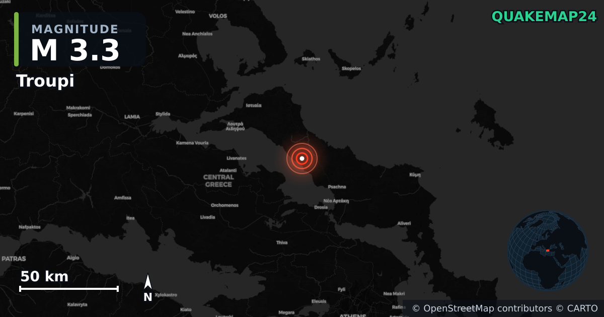 M3.3 earthquake near Troupi on Jun 7, 2026 — map of epicenter and shaking intensity | QuakeMap24