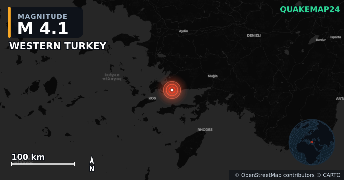 M4.1 earthquake near WESTERN TURKEY on Apr 30, 2025 — map of epicenter and shaking intensity | QuakeMap24