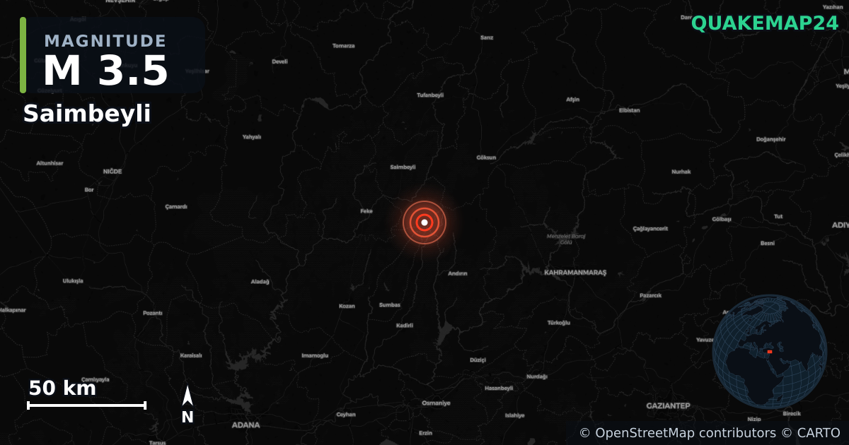M3.5 earthquake near Saimbeyli on Sep 9, 2025 — map of epicenter and shaking intensity | QuakeMap24