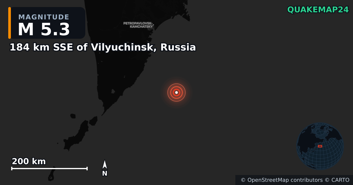 M5.3 earthquake near 184 km SSE of Vilyuchinsk, Russia on Jul 30, 2025 — map of epicenter and shaking intensity | QuakeMap24