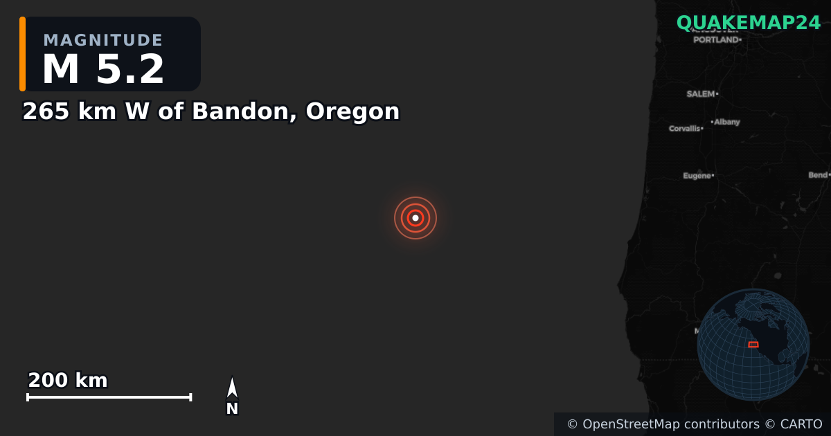 M5.2 earthquake near 265 km W of Bandon, Oregon on Sep 27, 2025 — map of epicenter and shaking intensity | QuakeMap24