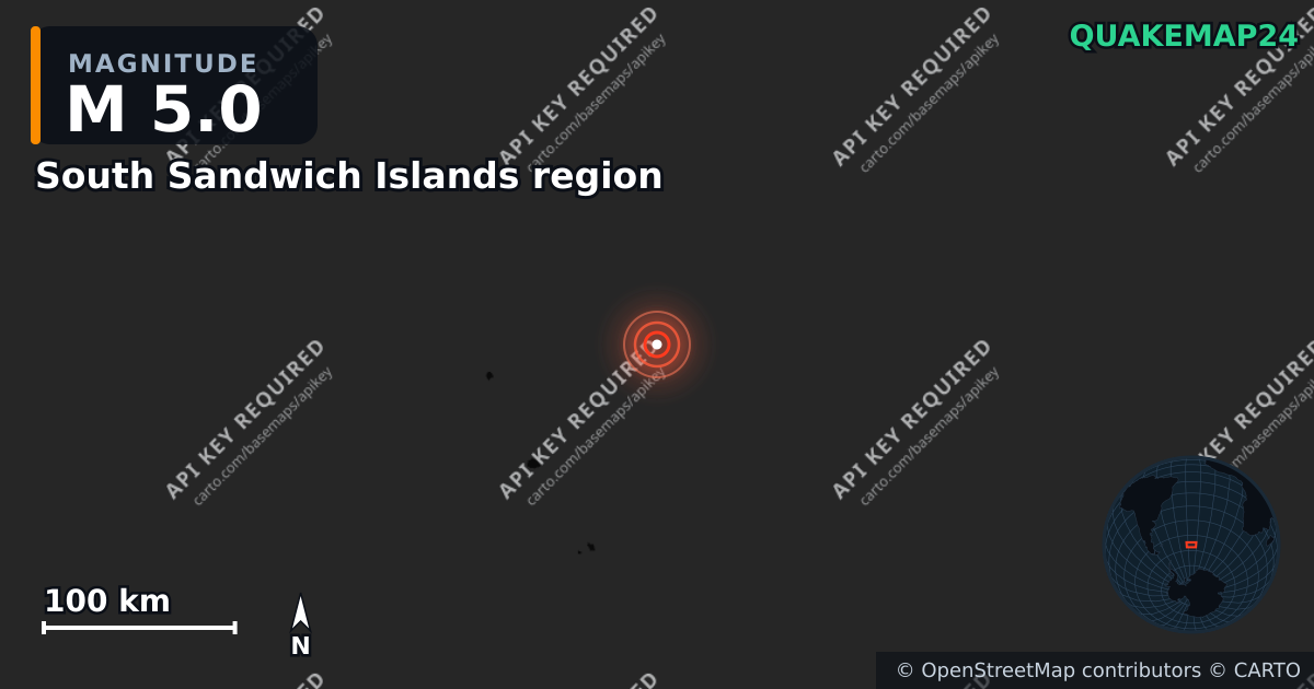 M5.0 earthquake near South Sandwich Islands region on Sep 4, 2026 — map of epicenter and shaking intensity | QuakeMap24