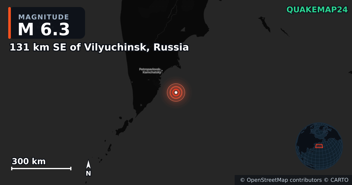 M6.3 earthquake near 131 km SE of Vilyuchinsk, Russia on Jul 30, 2025 — map of epicenter and shaking intensity | QuakeMap24