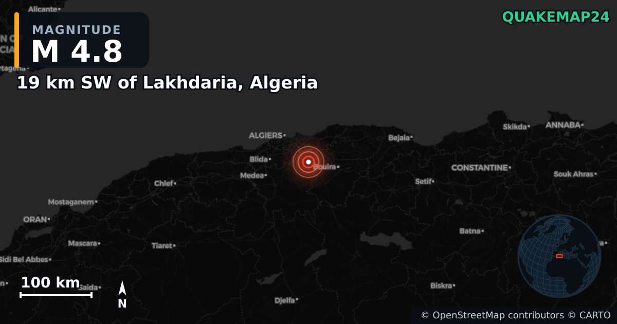 M4.8 earthquake near 19 km SW of Lakhdaria, Algeria on Mar 18, 2025 — map of epicenter and shaking intensity | QuakeMap24