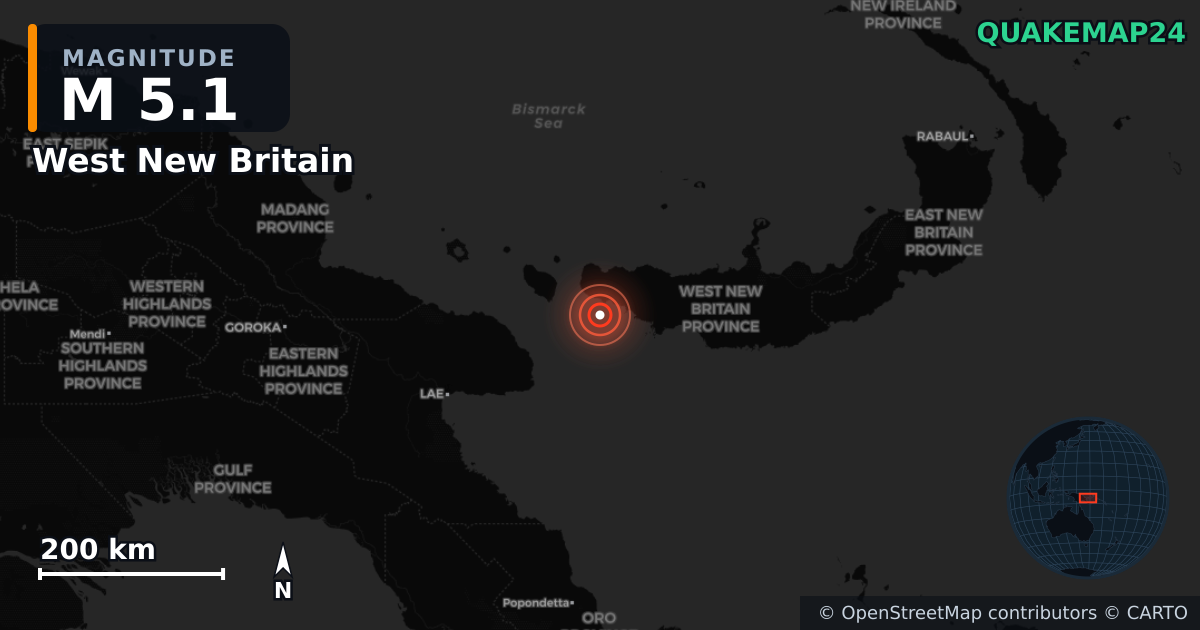 M5.1 earthquake near West New Britain on Apr 17, 2026 — map of epicenter and shaking intensity | QuakeMap24