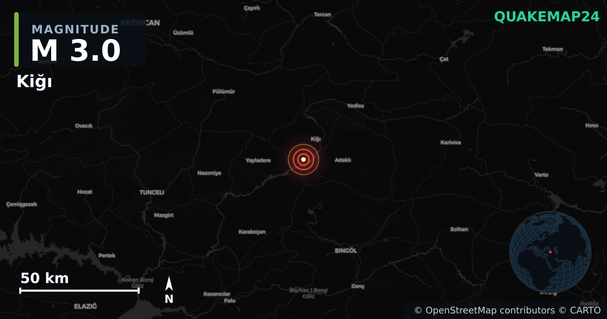M3.0 earthquake near Kiğı on Jun 26, 2025 — map of epicenter and shaking intensity | QuakeMap24