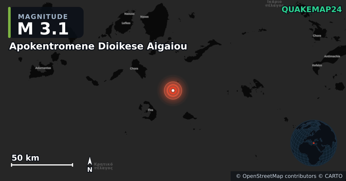 M3.1 earthquake near Apokentromene Dioikese Aigaiou on May 10, 2025 — map of epicenter and shaking intensity | QuakeMap24