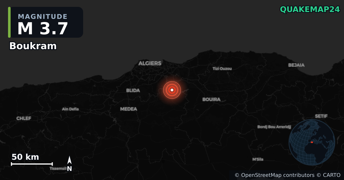M3.7 earthquake near Boukram on Mar 2, 2026 — map of epicenter and shaking intensity | QuakeMap24