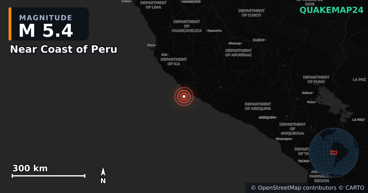 M5.4 earthquake near Near Coast of Peru on Sep 23, 2025 — map of epicenter and shaking intensity | QuakeMap24