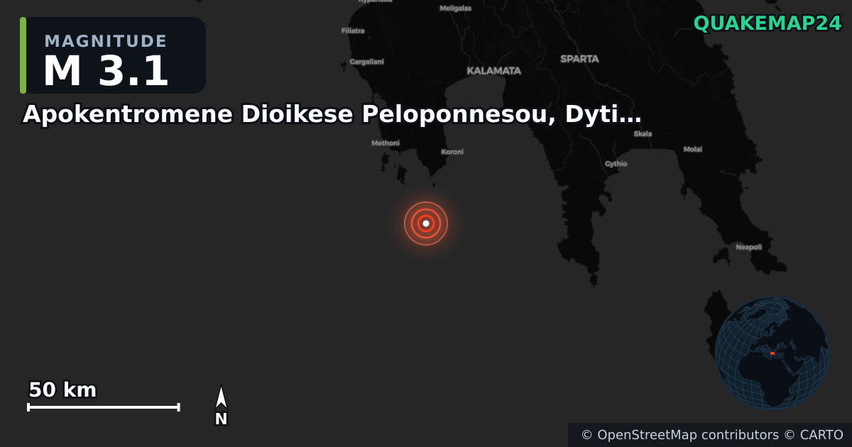 M3.1 earthquake near Apokentromene Dioikese Peloponnesou, Dytikes Elladas kai Ioniou on Jun 28, 2025 — map of epicenter and shaking intensity | QuakeMap24