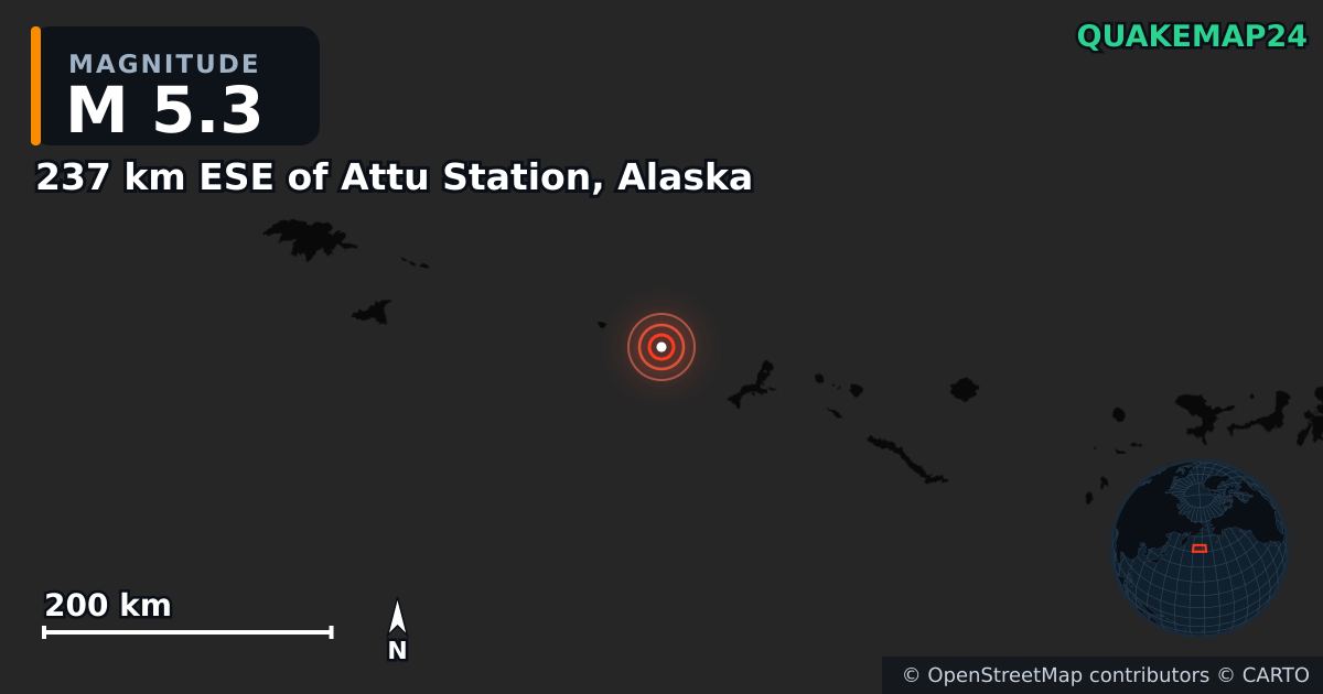 Erdbeben M5,3 bei 237 km ESE of Attu Station, Alaska — Karte der Lage des Epizentrums