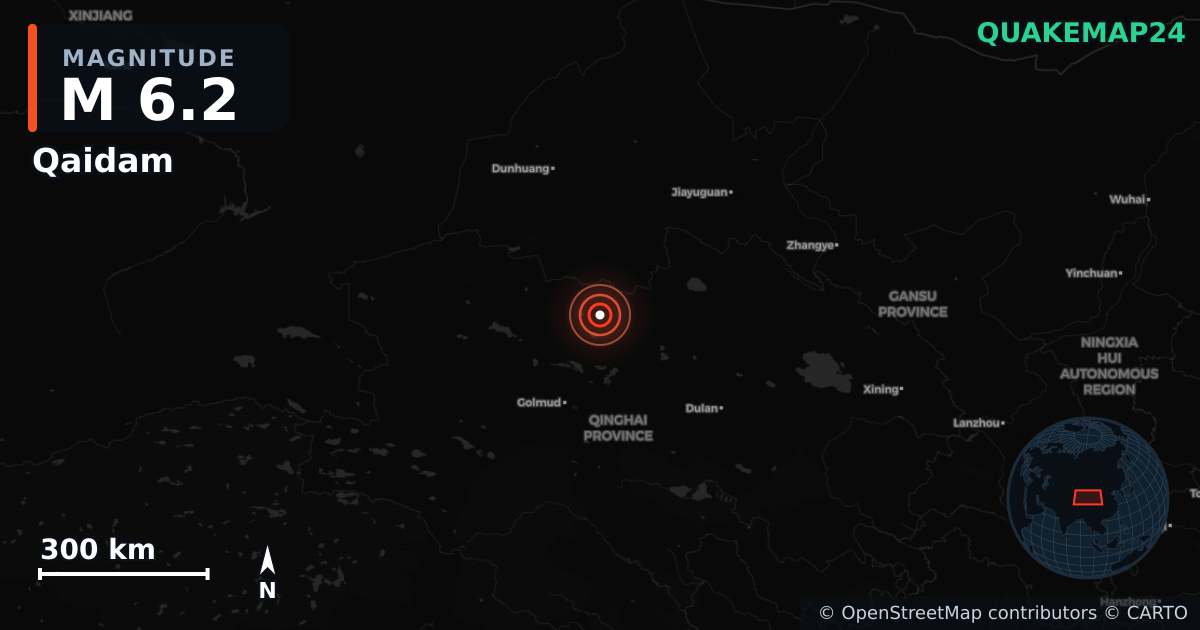 M6.2 earthquake near Qaidam on Jun 16, 2026 — map of epicenter and shaking intensity | QuakeMap24