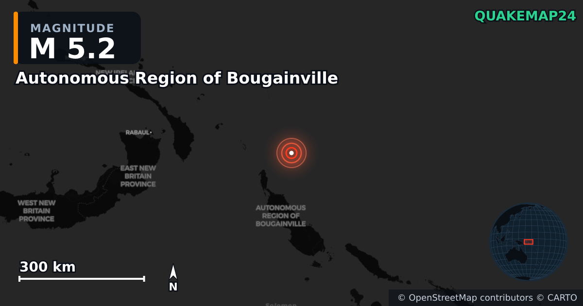 M5.2 earthquake near Autonomous Region of Bougainville on Jun 3, 2025 — map of epicenter and shaking intensity | QuakeMap24