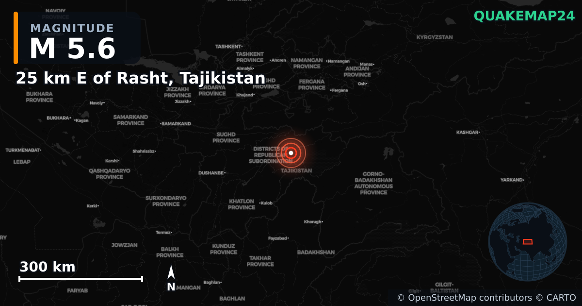 M5.6 earthquake near 25 km E of Rasht, Tajikistan on Apr 13, 2025 — map of epicenter and shaking intensity | QuakeMap24