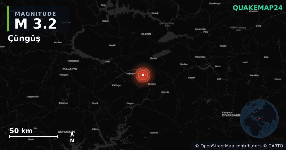 M3.2 earthquake near Çüngüş on Jul 4, 2025 — map of epicenter and shaking intensity | QuakeMap24