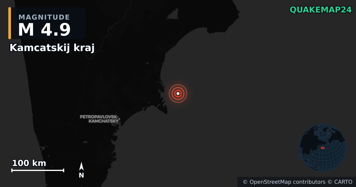 M4.9 earthquake near Kamcatskij kraj on Sep 27, 2025 — map of epicenter and shaking intensity | QuakeMap24