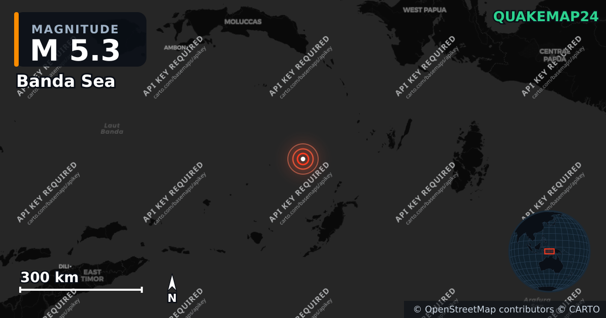 M5.3 earthquake near Banda Sea on May 2, 2026 — map of epicenter and shaking intensity | QuakeMap24