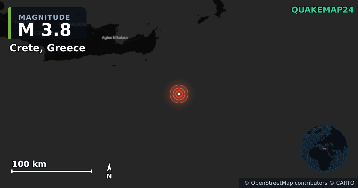 M3.8 earthquake near Crete, Greece on May 6, 2026 — map of epicenter and shaking intensity | QuakeMap24