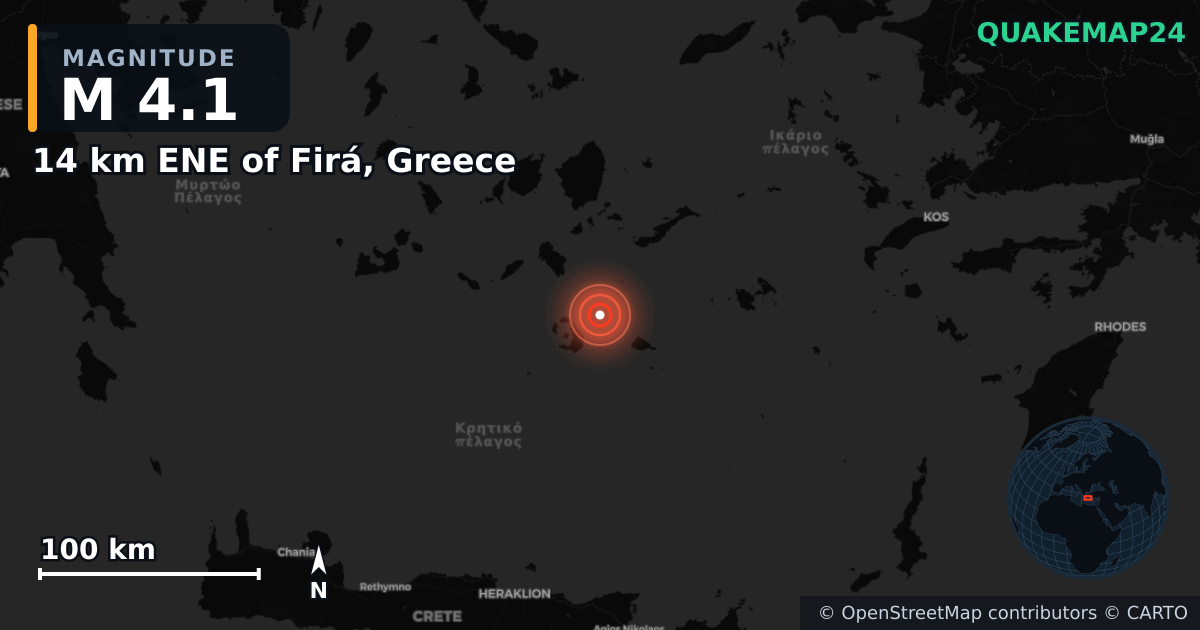 M4.1 earthquake near 14 km ENE of Firá, Greece on Feb 3, 2025 — map of epicenter and shaking intensity | QuakeMap24
