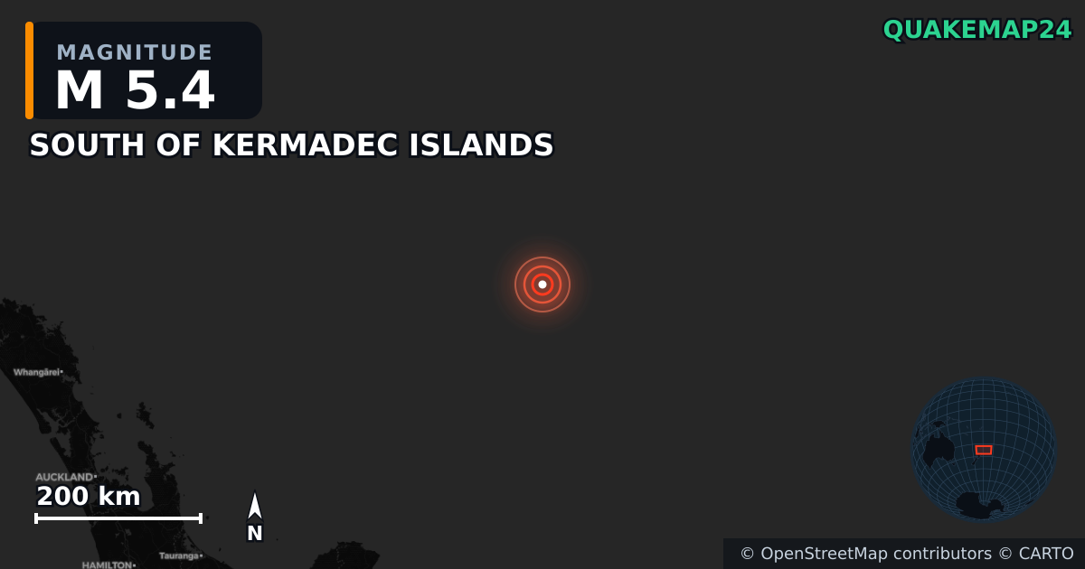 M5.4 earthquake near SOUTH OF KERMADEC ISLANDS on Apr 24, 2026 — map of epicenter and shaking intensity | QuakeMap24