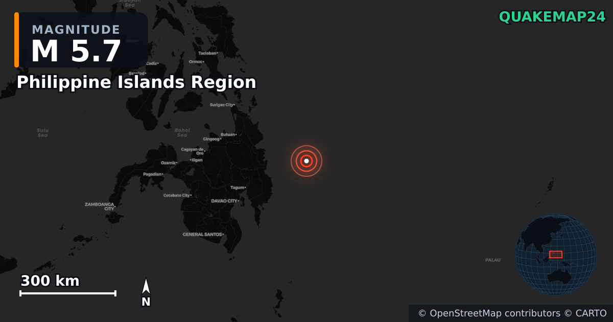 M5.7 earthquake near Philippine Islands Region on Jul 19, 2025 — map of epicenter and shaking intensity | QuakeMap24