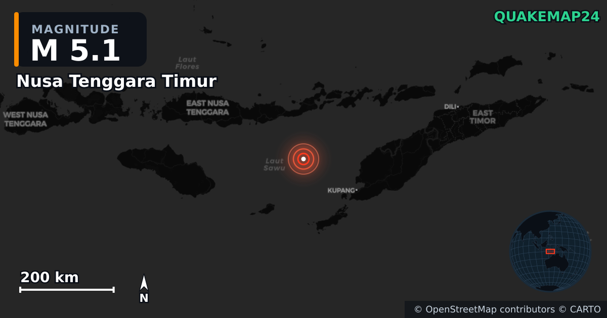 M5.1 earthquake near Nusa Tenggara Timur on Jan 14, 2026 — map of epicenter and shaking intensity | QuakeMap24