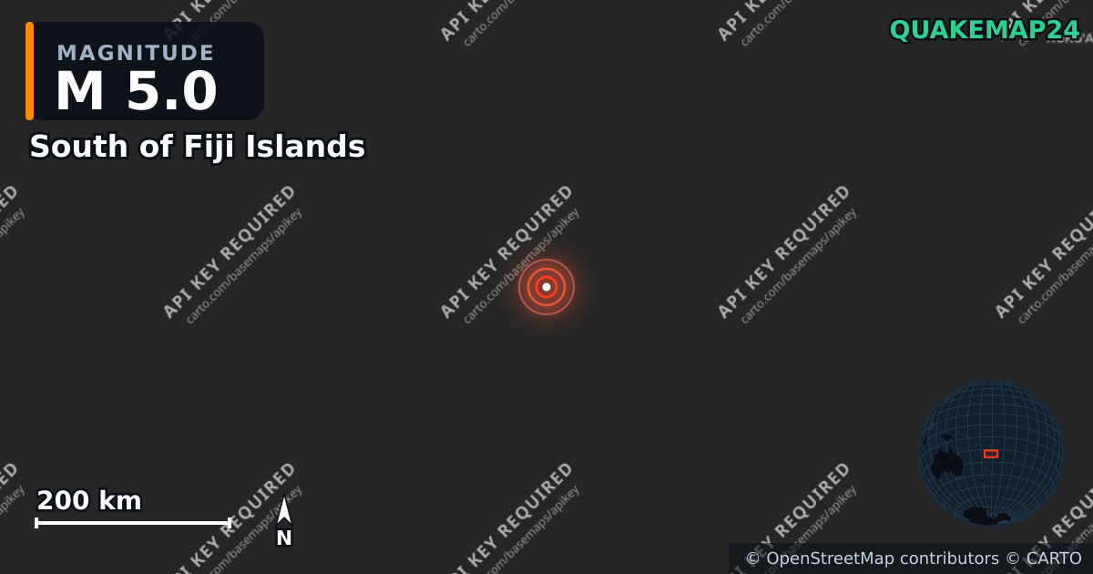 M5.0 earthquake near South of Fiji Islands on May 27, 2025 — map of epicenter and shaking intensity | QuakeMap24